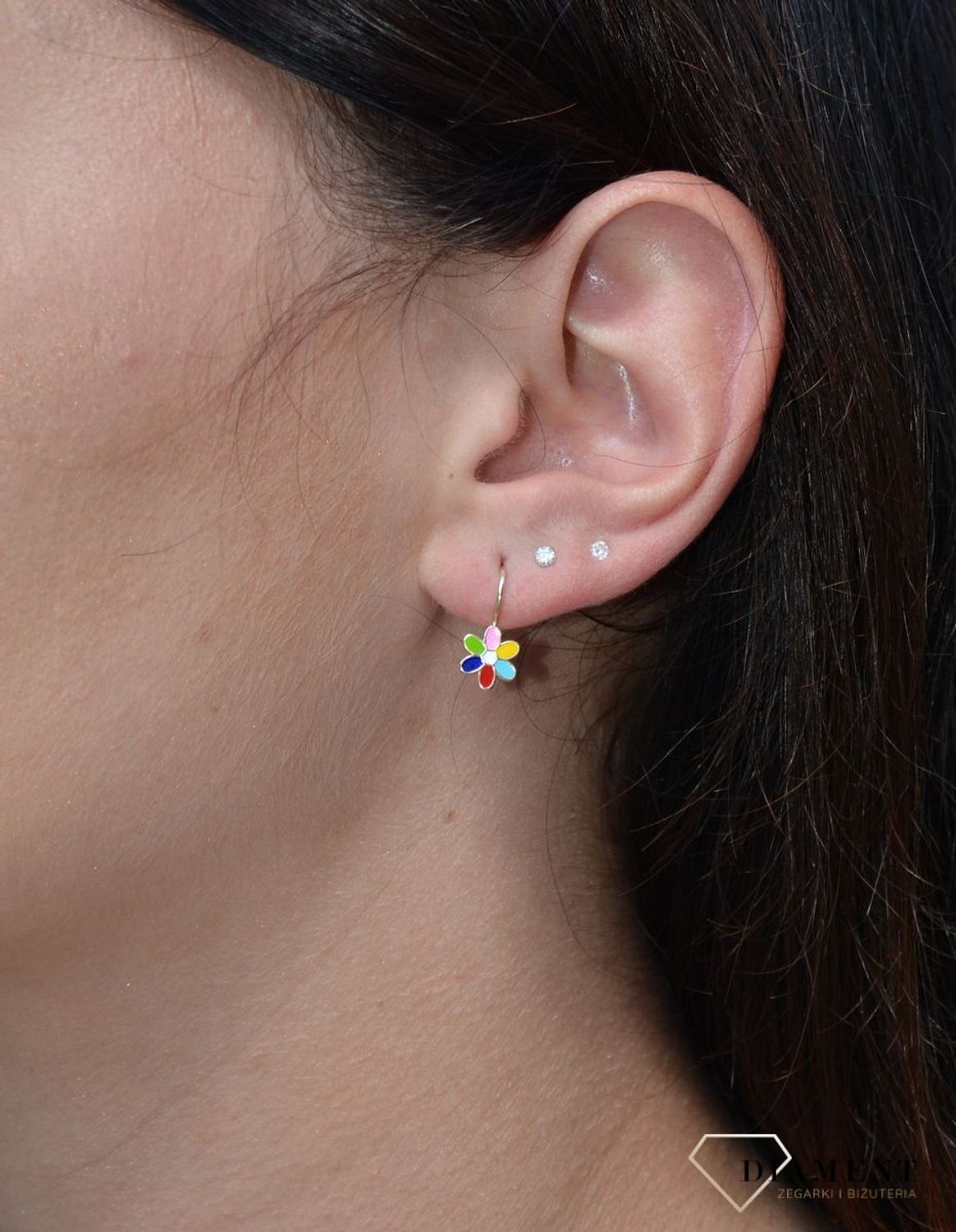 Złote kolczyki dla dziewczynki kwiatki 585 kolorowa emalia KL 3248C.jpg